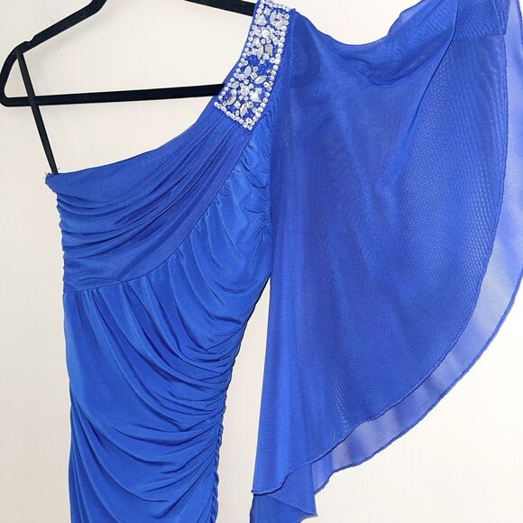 Jodi Kristopher Formal Bodycon Mini Dress S Royal Blue One Shoulder Rhinestones - Picture 4 of 10